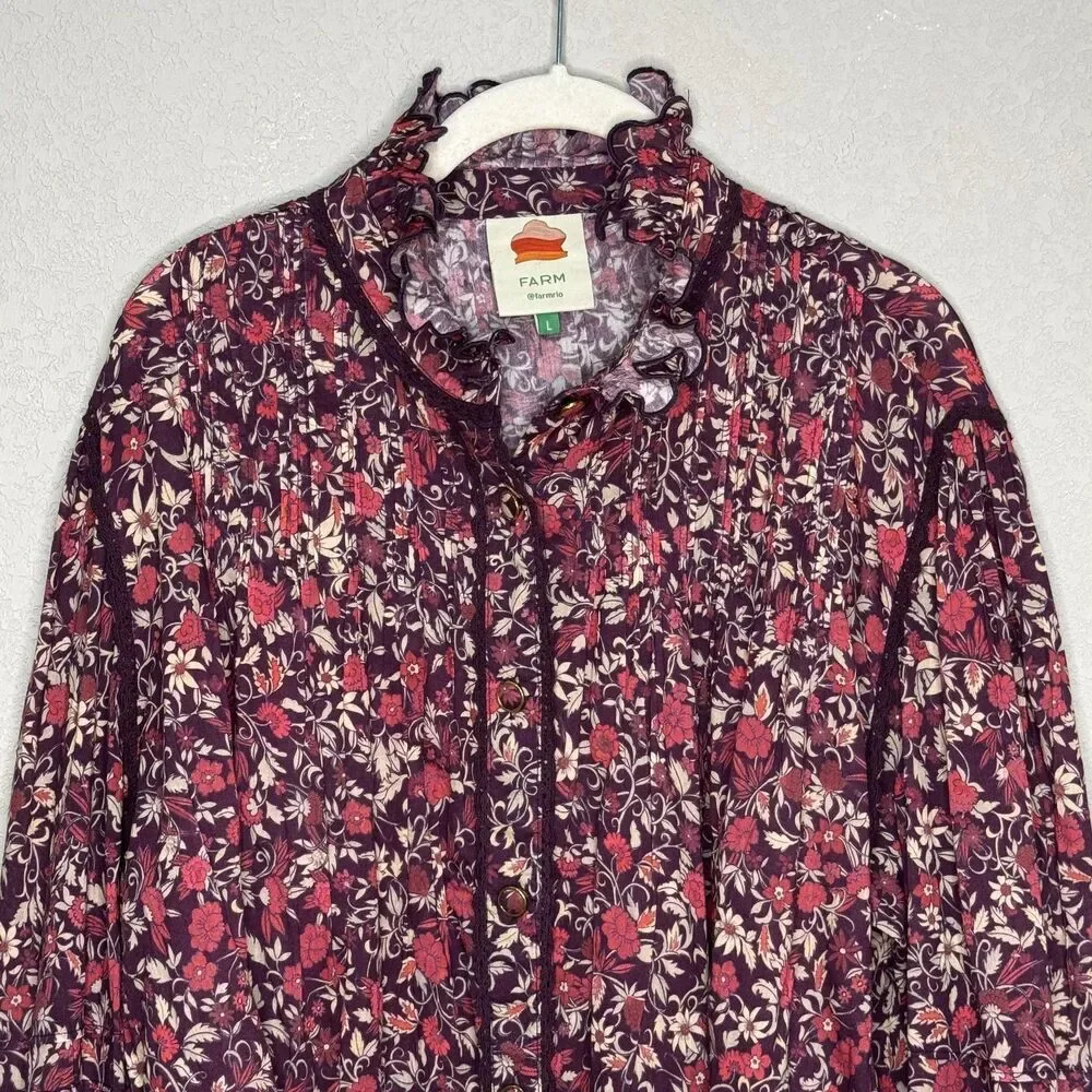 Farm Rio Chelsea Garden Blouse Large Purple Floral Ruffle Boho - Picture 4 of 10